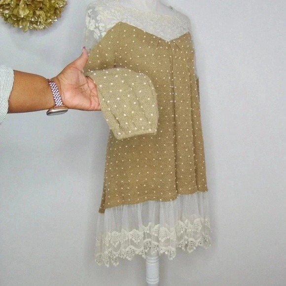 Altar'd State Women's Tan Pom Pom Embroidered Lace Trim Sweater Dress SIZE S - Picture 2 of 14